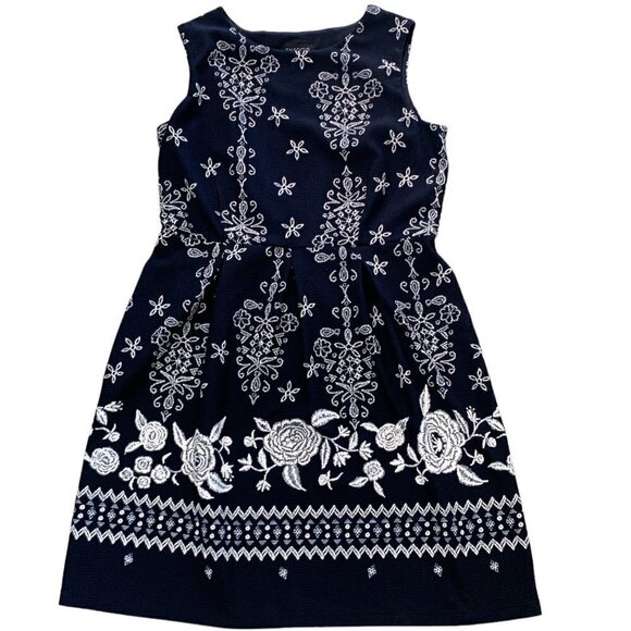 Enfocus Studio Sleeveless Stretch Textured Dress Sz 12 Navy w/ White Floral 110i - Picture 2 of 8